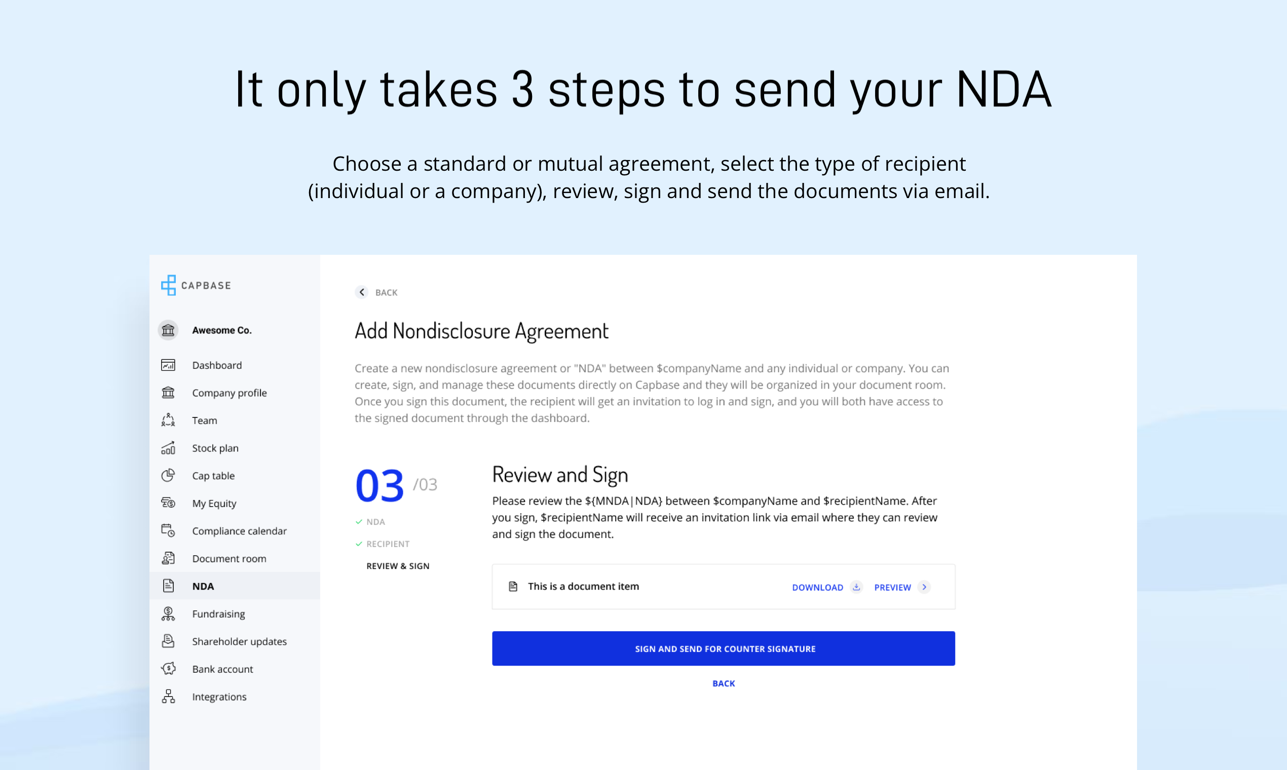 Free NDA Generation Tool By Capbase - Effortlessly create, send and store your NDA/MNDAs media 3