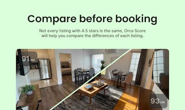 Диаграмма, демонстрирующая рейтинги Orca Score для различных предложений Airbnb для длительного проживания, подчеркивающая их удобства и ранжировку.