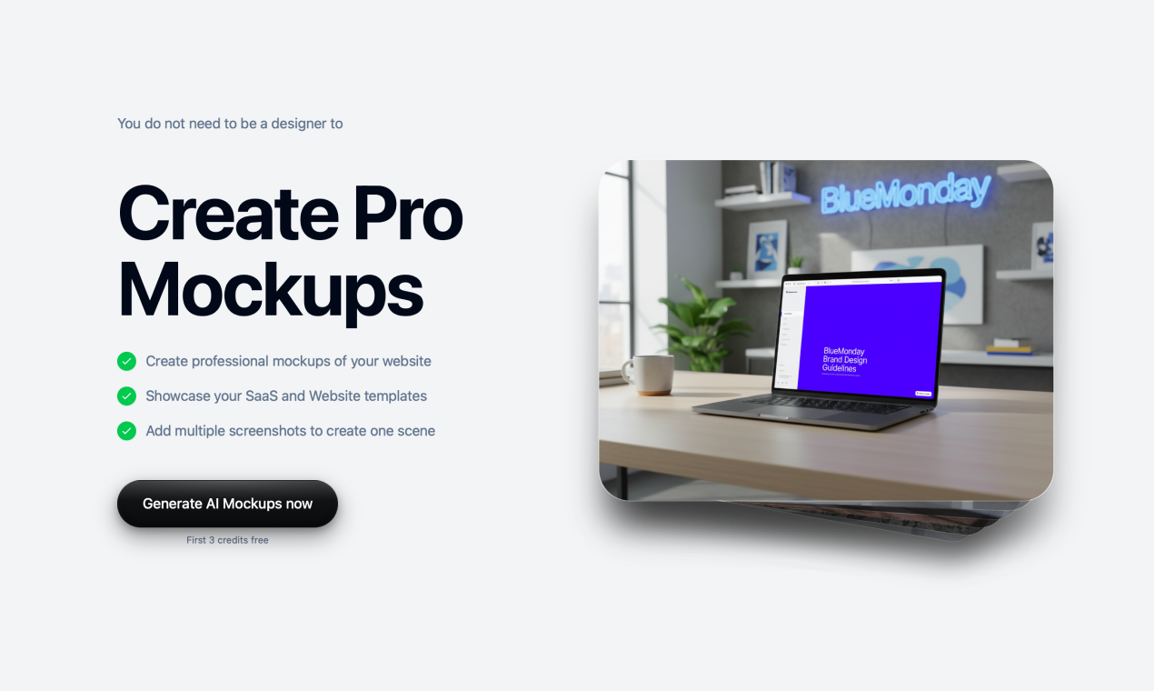 RandomMockups - AI Mockup Generator - Main product screenshot demonstrating key features and user interface