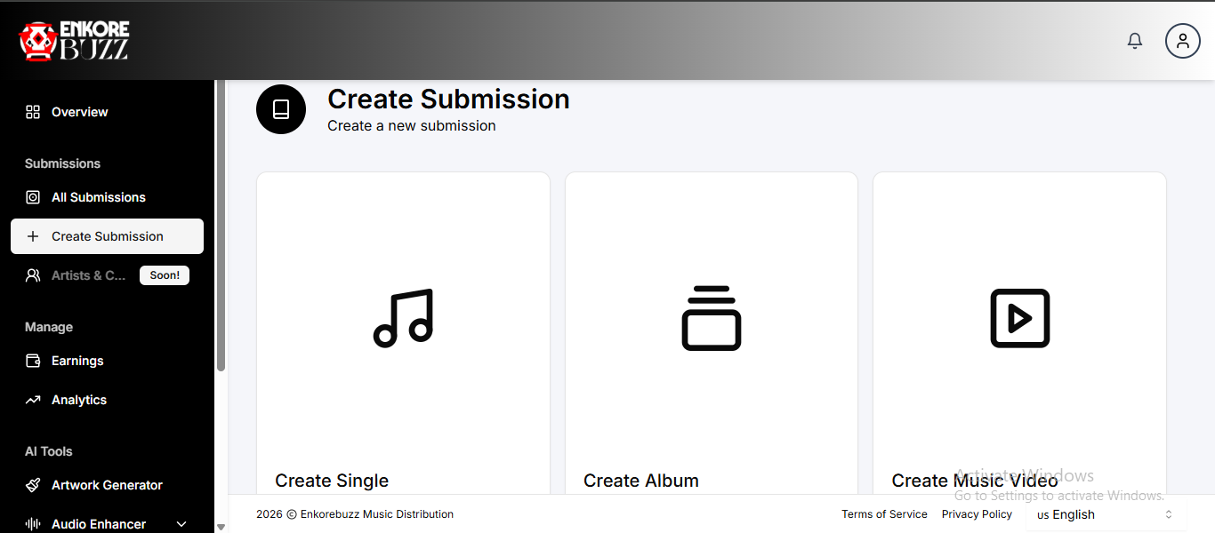 EnkoreBuzz Music Distribution Platform - Screenshot 4 showing product features and functionality