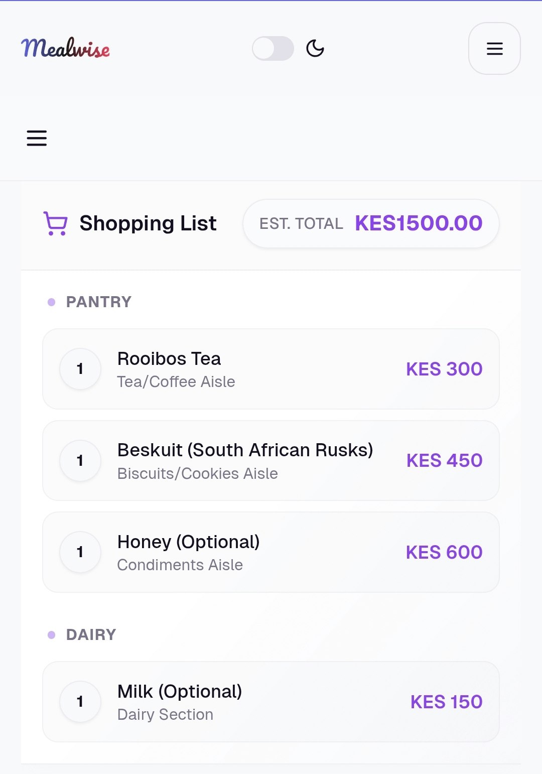 MealWise - Main product screenshot demonstrating key features and user interface