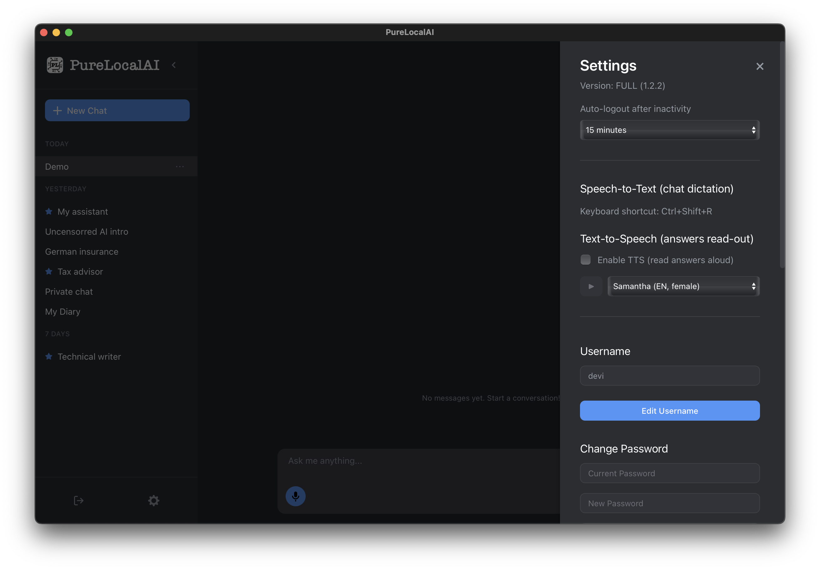 وسائط PURELOCALAI - منظمة العفو الدولية الخاصة على MAC على MAC - MAC AI غير متصل بالخصوصية الكاملة والمحادثات المشفرة 3