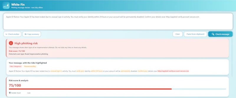 White Fin — Offline scam checker screenshot 3