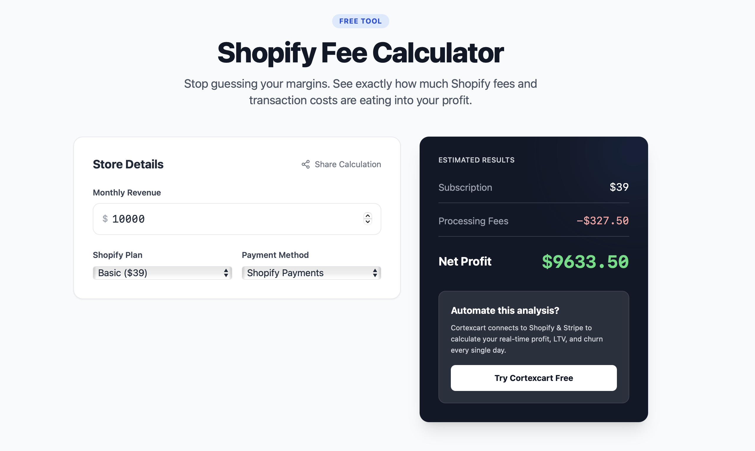 Shopify Fee Calculator by Cortexcart - Main product screenshot demonstrating key features and user interface