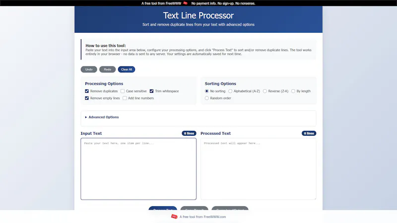 Free Online Text Line Processor -... screenshot 1