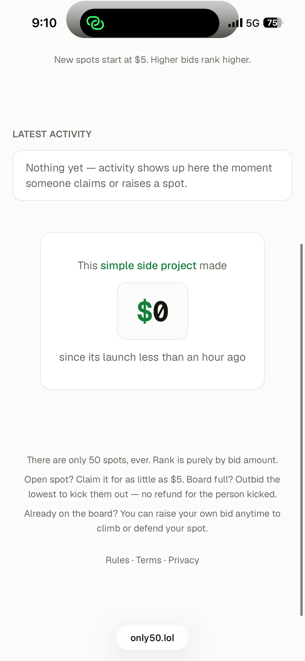 Only50 — 50 spots. Highest bid wins. screenshot