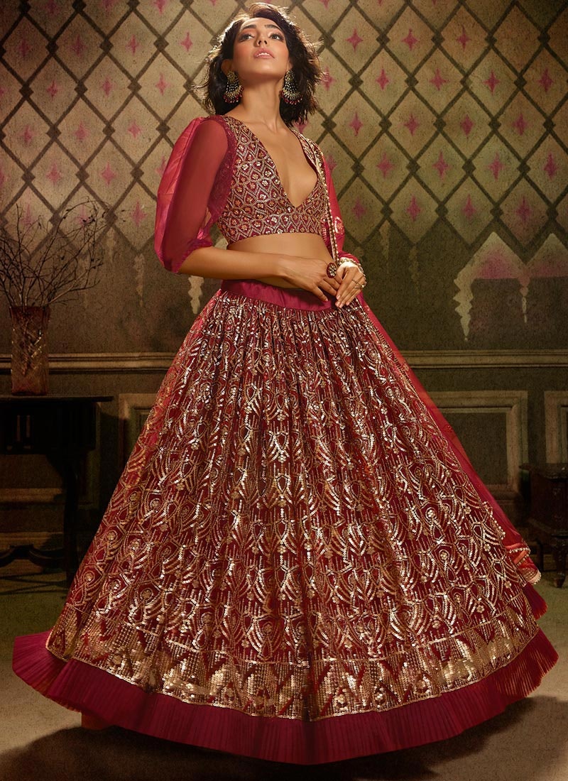 Buy Embellished Net Dark Pink Lehenga gallery image
