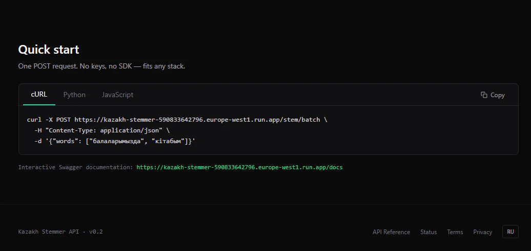 Kazakh Stemmer API screenshot 2