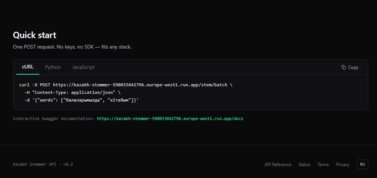 Kazakh Stemmer API screenshot 2