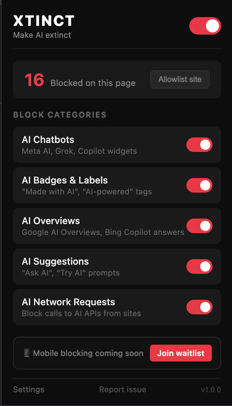 XTINCT: Remove AI clutter from the web screenshot 6
