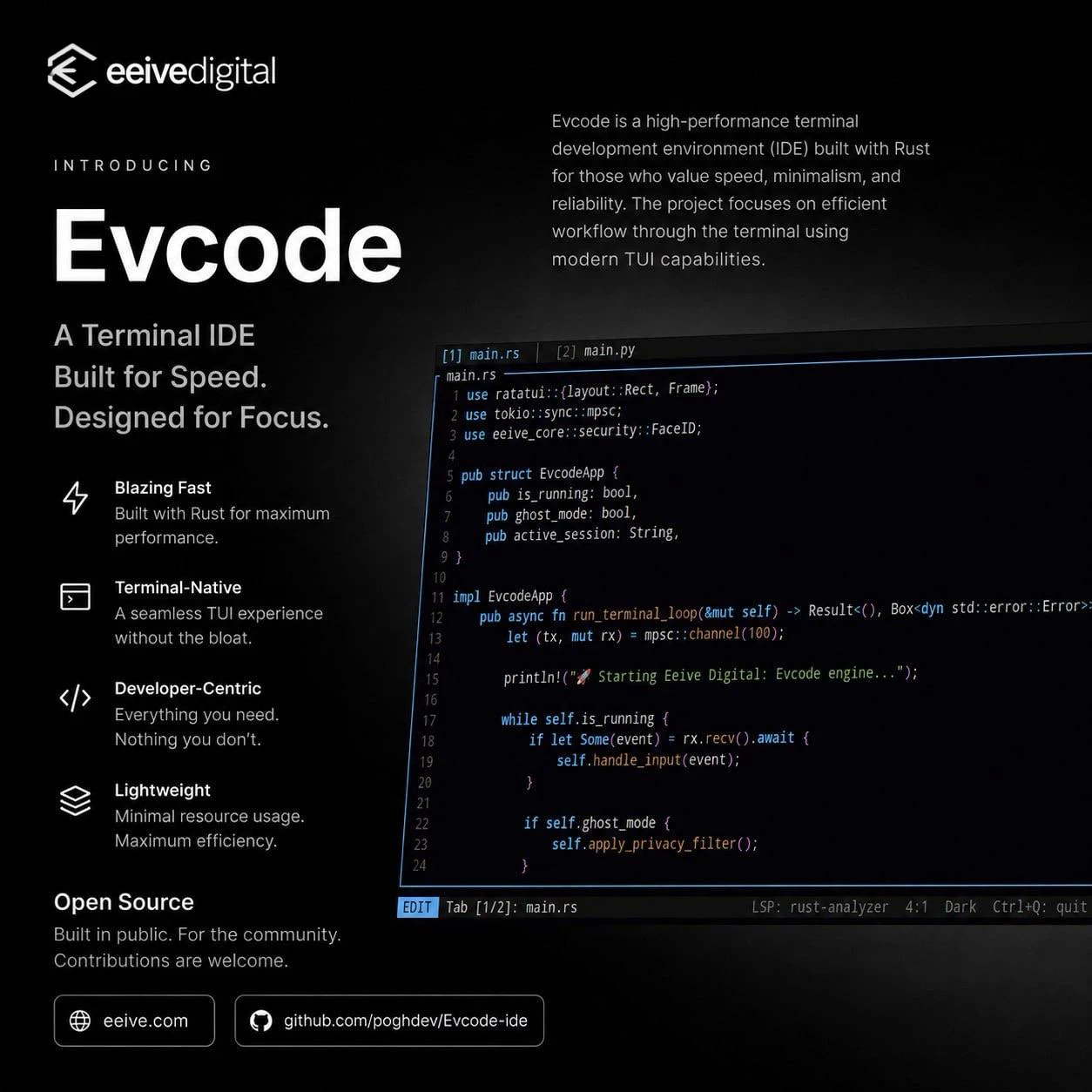 Evcode — Terminal IDE 대표 미리보기