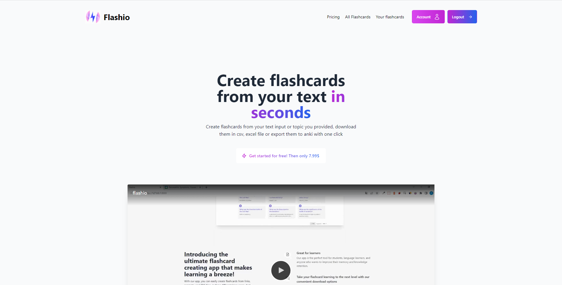 وسائط Flashio - قم بإنشاء بطاقات وميض من إدخال النص إلى ANKI و XLSX و CSV 1