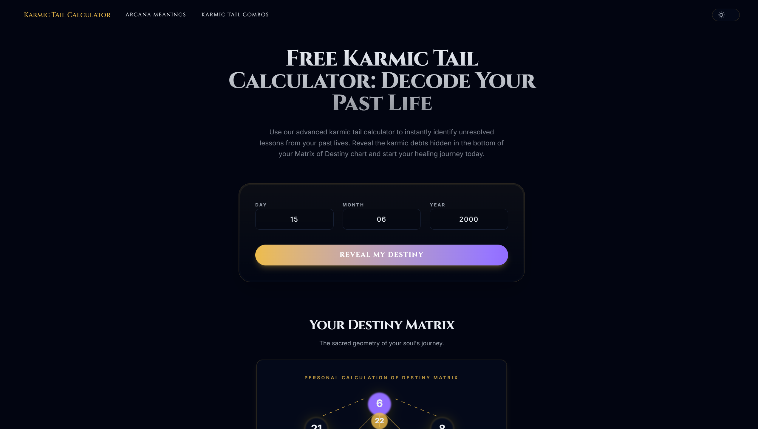 Karmic Tail Calculator - Main product screenshot demonstrating key features and user interface