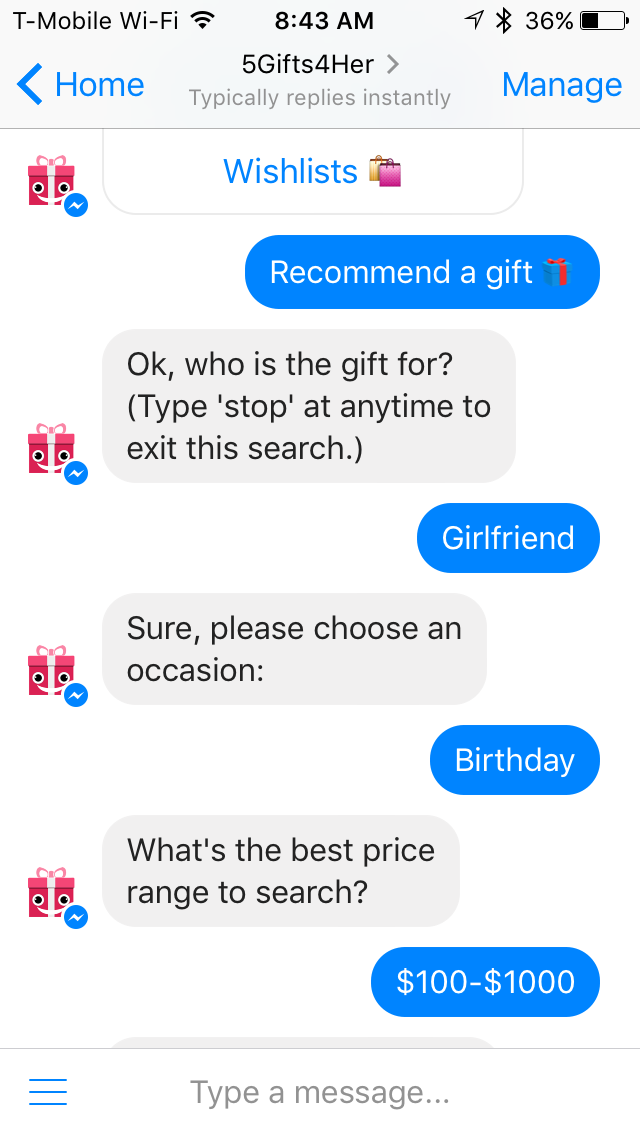5Gifts4Her Messenger chatbot gallery image