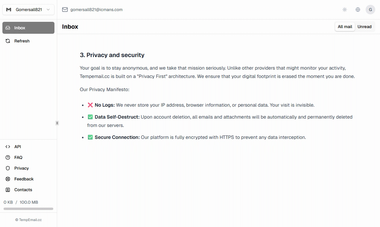 TempEmail.cc - Screenshot 3 showing product features and functionality