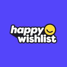 شعار HappyWishlist: شعار ملون يحتوي على كلمة &ldquo;HappyWishlist&rdquo; بخط ثقيل ومرح، مع رمز صندوق هدايا بجانبه.