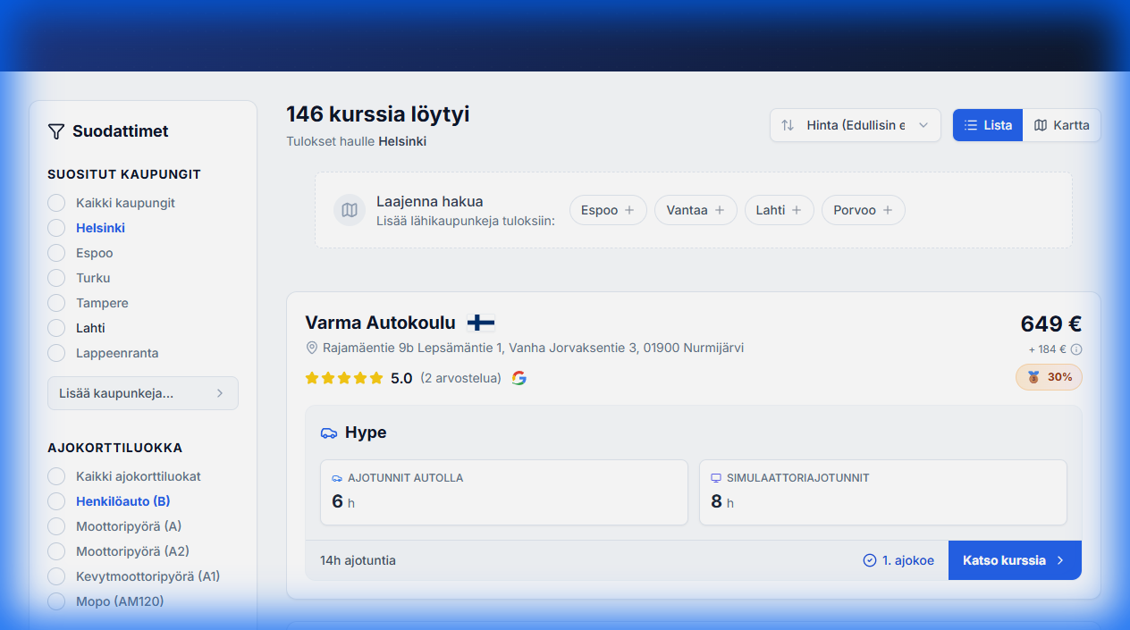 Autokouluvertailu.fi - Screenshot 2 showing product features and functionality