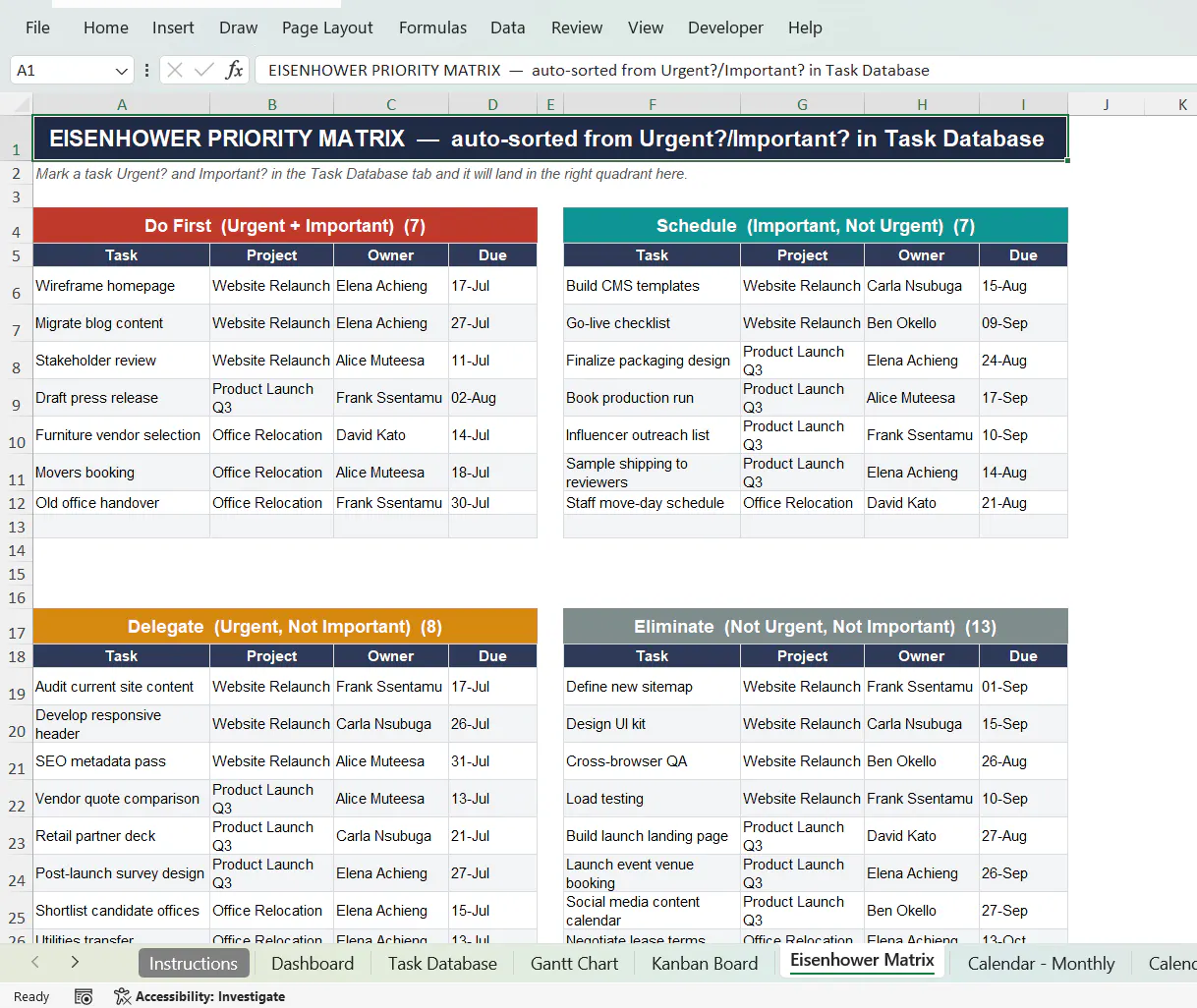 SigmaSheets Project Management Template screenshot