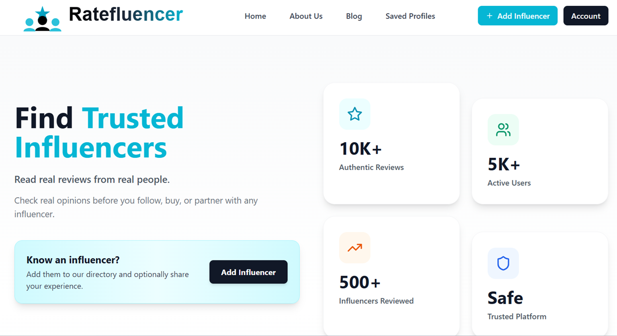Ratefluencer - Main product screenshot demonstrating key features and user interface
