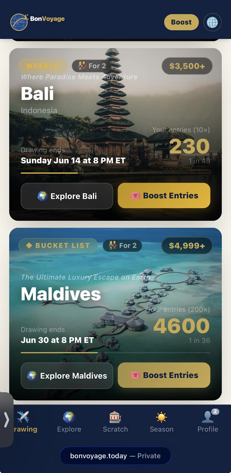BonVoyage — Win a Vacation Every Day screenshot 2