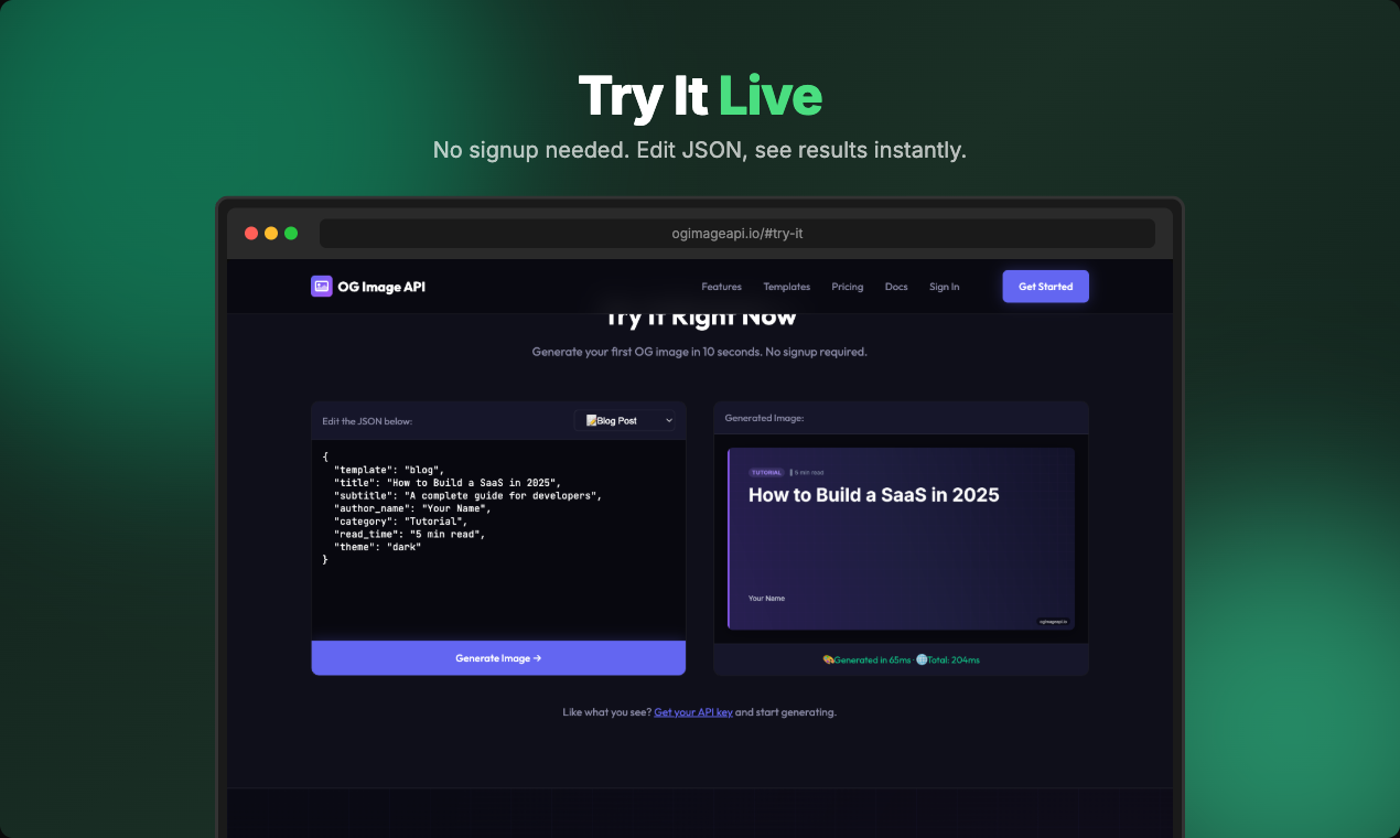OG Image API - Screenshot 4 showing product features and functionality