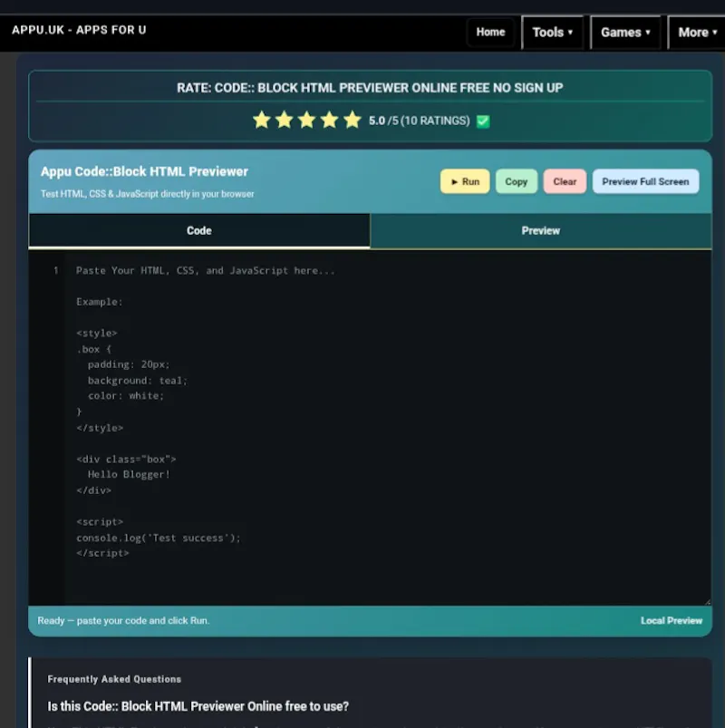 Code:: Block Previewer | appu.uk screenshot 2