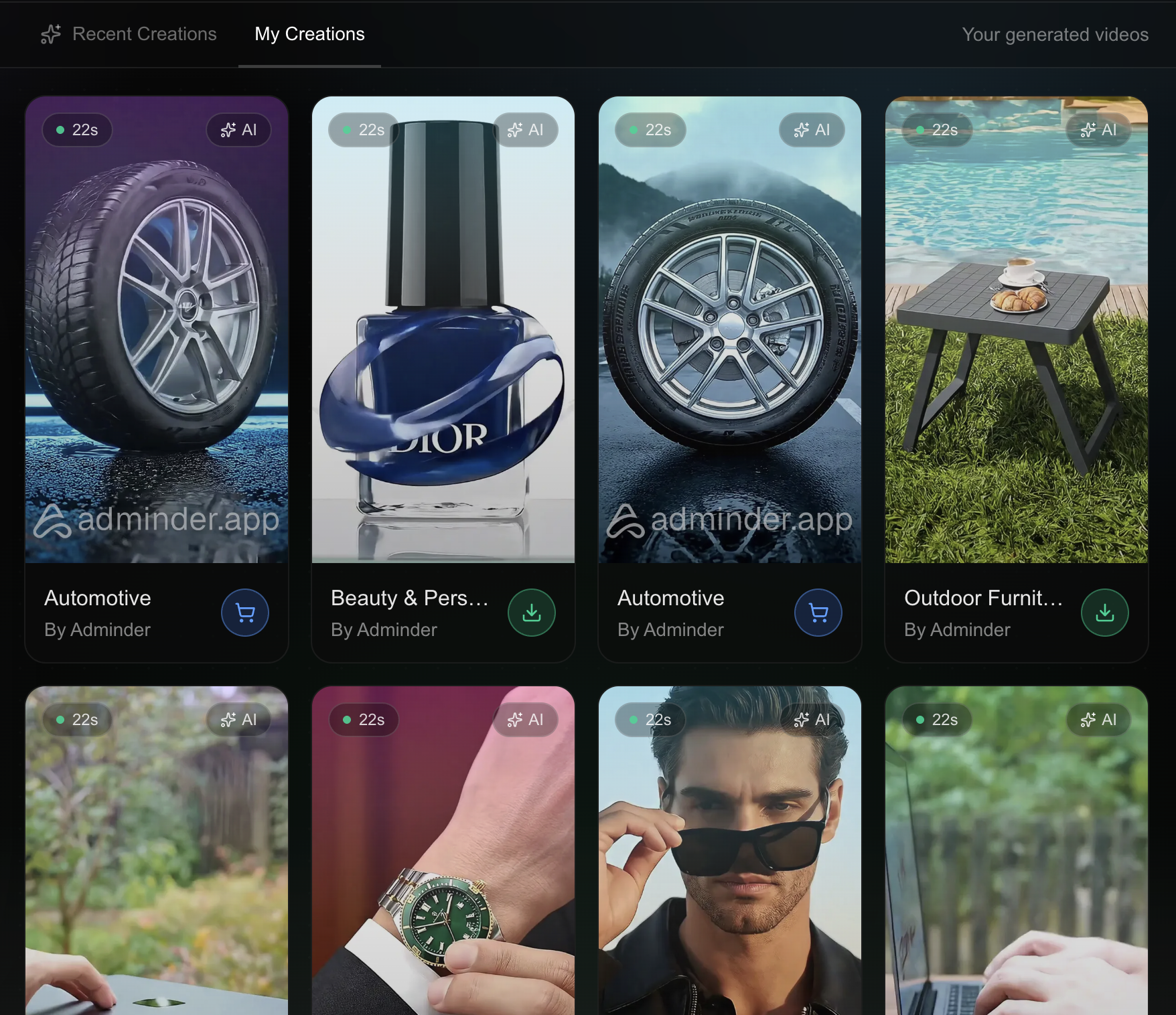 Adminder:  AI Video Ads, 2.5× Lower Cost - Screenshot 2 showing product features and functionality