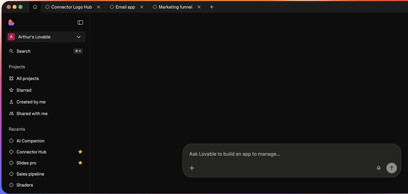 Lovable multi-project workspace showing templates and app generation