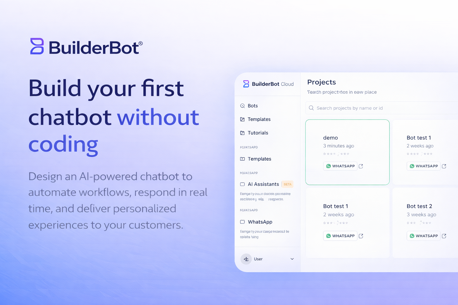 BuilderBot Cloud - Main product screenshot demonstrating key features and user interface