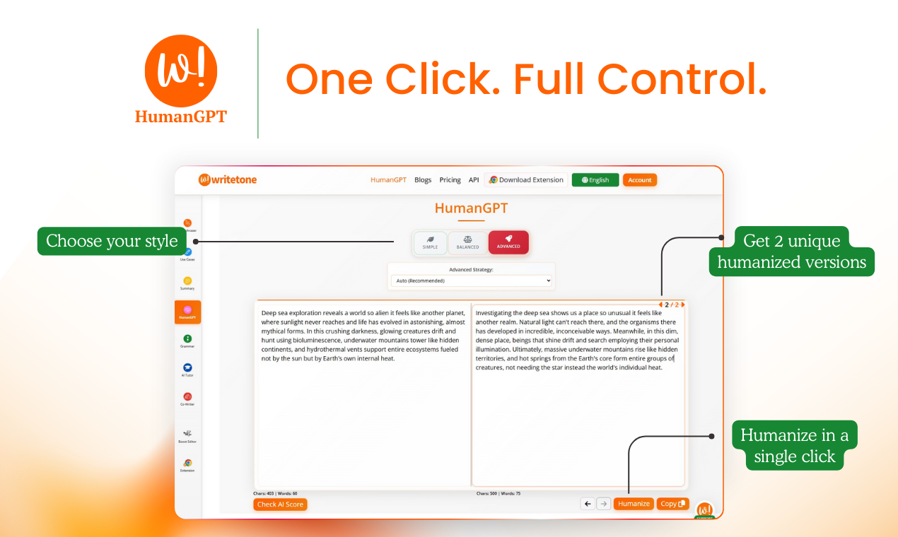 Writetone HumanGPT - Screenshot 2 showing product features and functionality