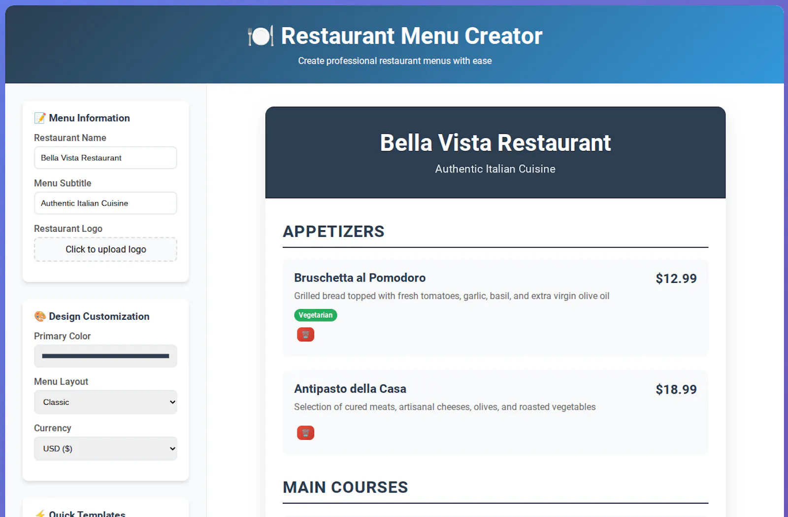 FreeWWW Restaurant Menu Creator screenshot 1