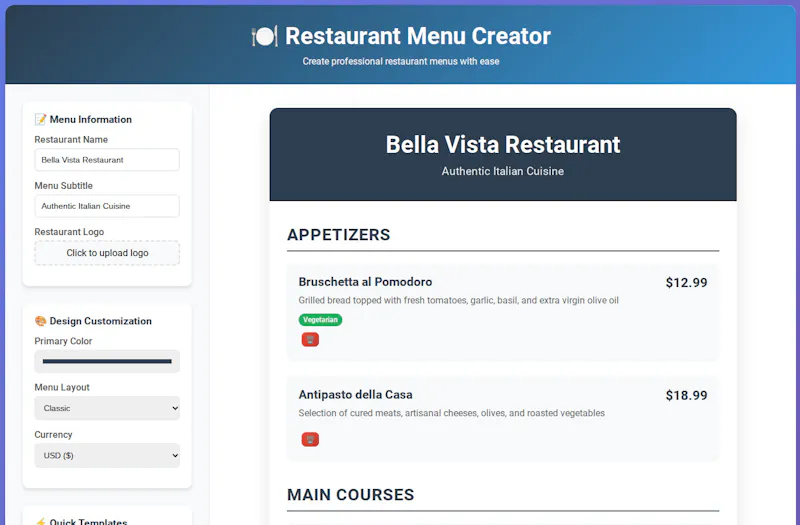 FreeWWW Restaurant Menu Creator screenshot 1
