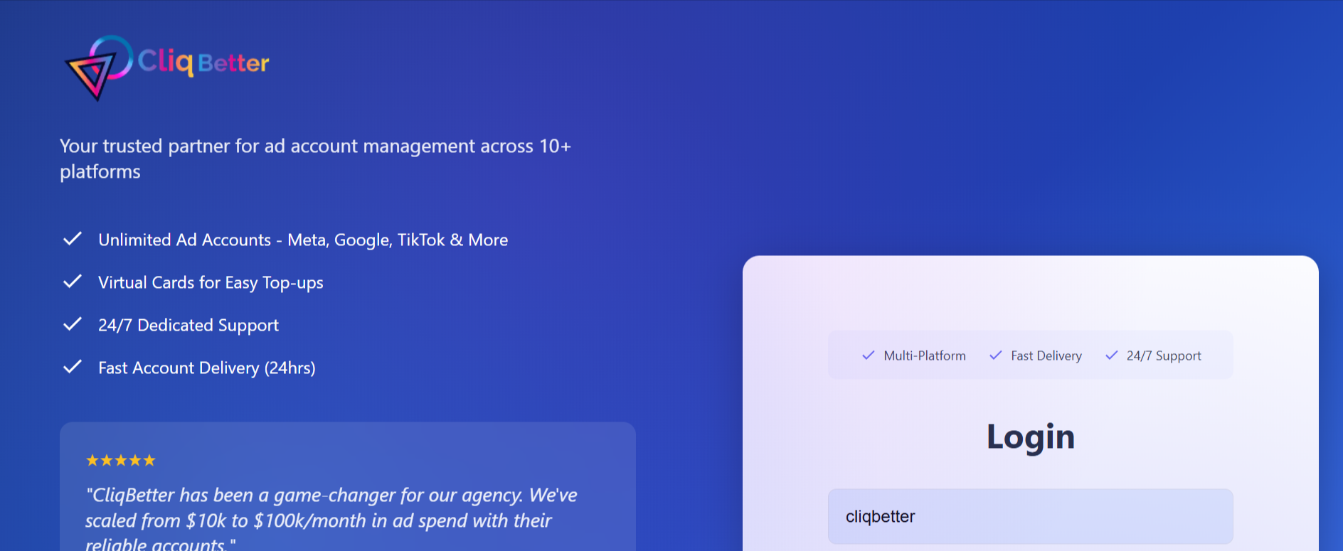 CliqBetter Ad Account Platform - Main product screenshot demonstrating key features and user interface