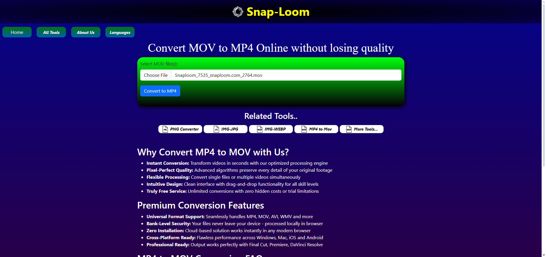 MP4 Dönüştürücüsüne Mov - Ücretsiz ve Hızlı Video Aracı |snaploom medya 4