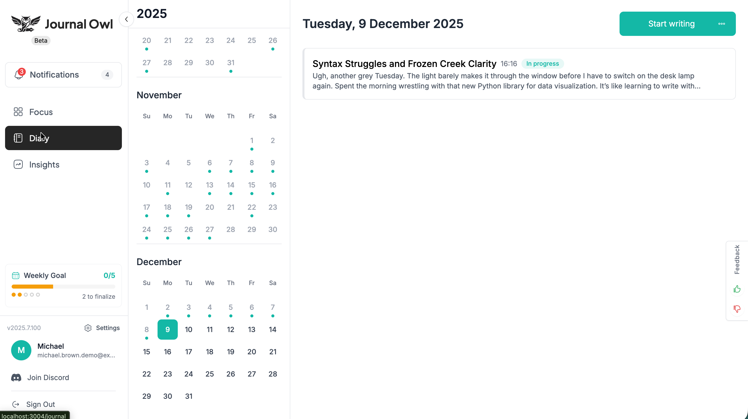 Journal Owl - Screenshot 2 showing product features and functionality