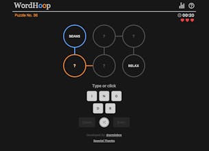 Jogabilidade do WordHoop - Uma imagem de ação de um jogador correndo contra o relógio, tentando decifrar a sequência de quatro palavras entrelaçadas no jogo WordHoop.