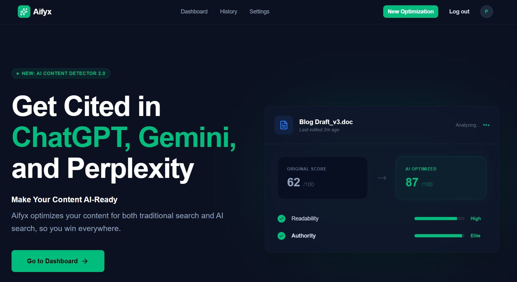 Aifyx: Get Your Content Cited by AI - Main product screenshot demonstrating key features and user interface