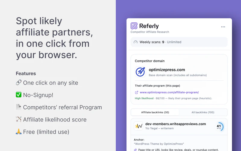 Referly Competitor Affiliate Research screenshot 2