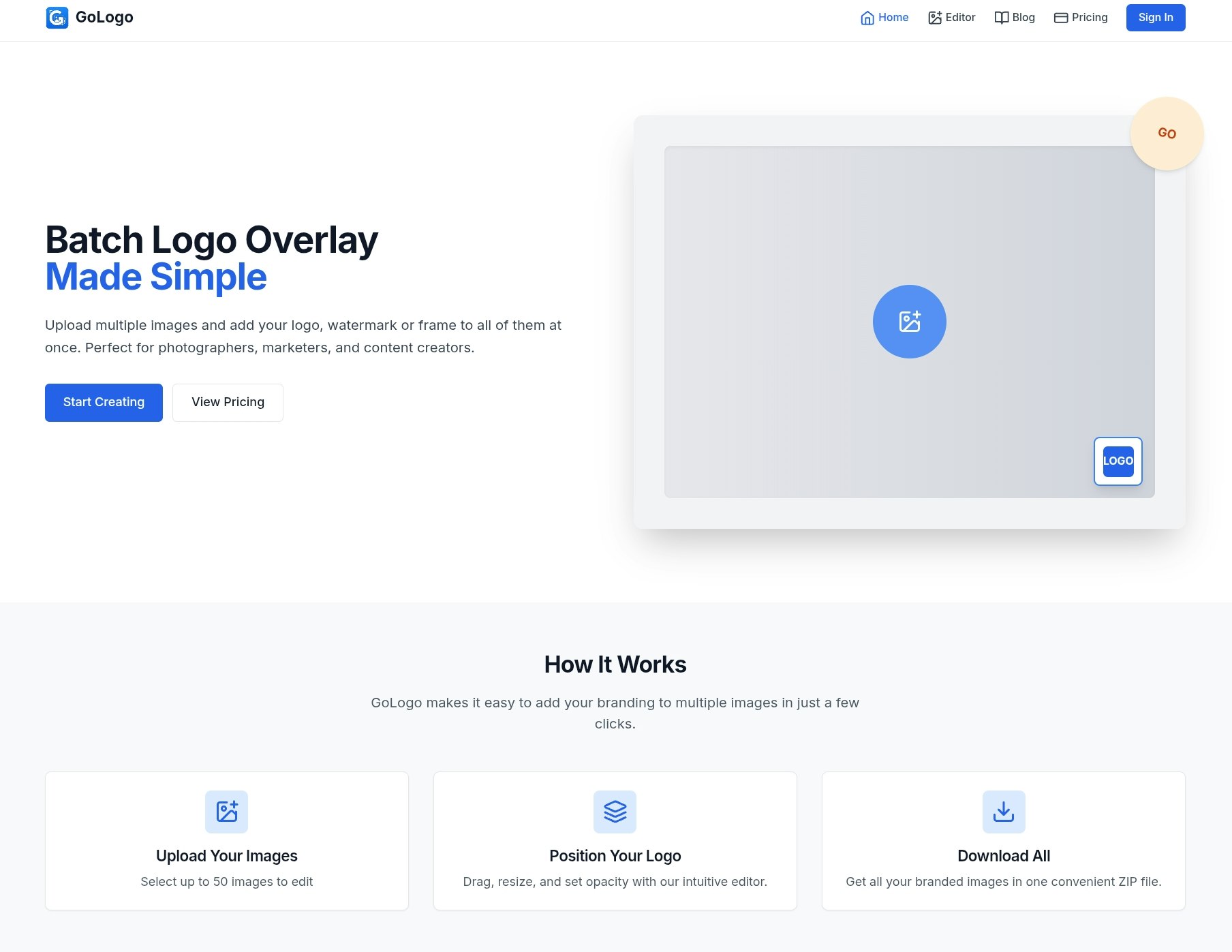GoLogo.app - Main product screenshot demonstrating key features and user interface