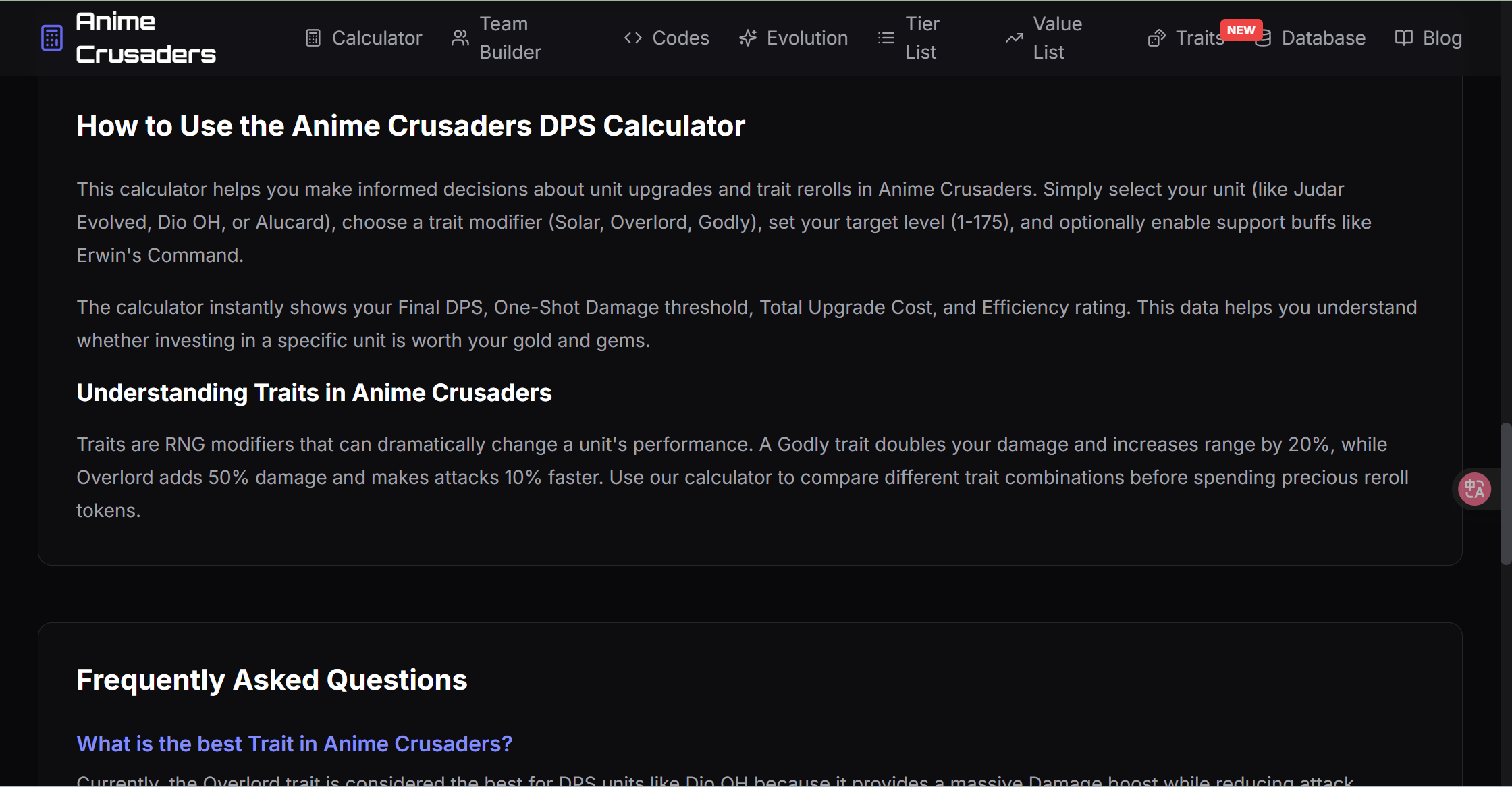 Anime Crusaders Calculator - Main product screenshot demonstrating key features and user interface