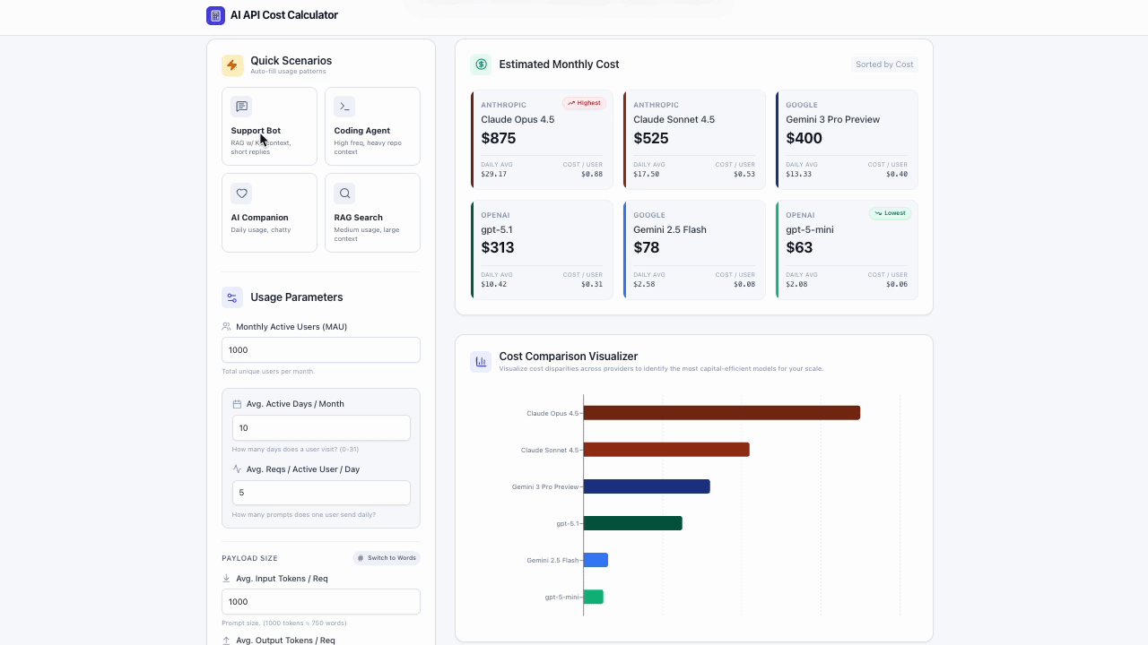 AI API Cost Calculator - Screenshot 2 showing product features and functionality