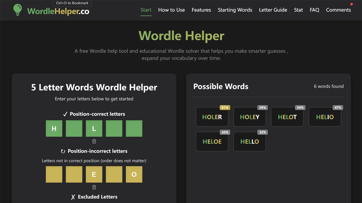 Wordle Helper - Main screenshot showing features and interface