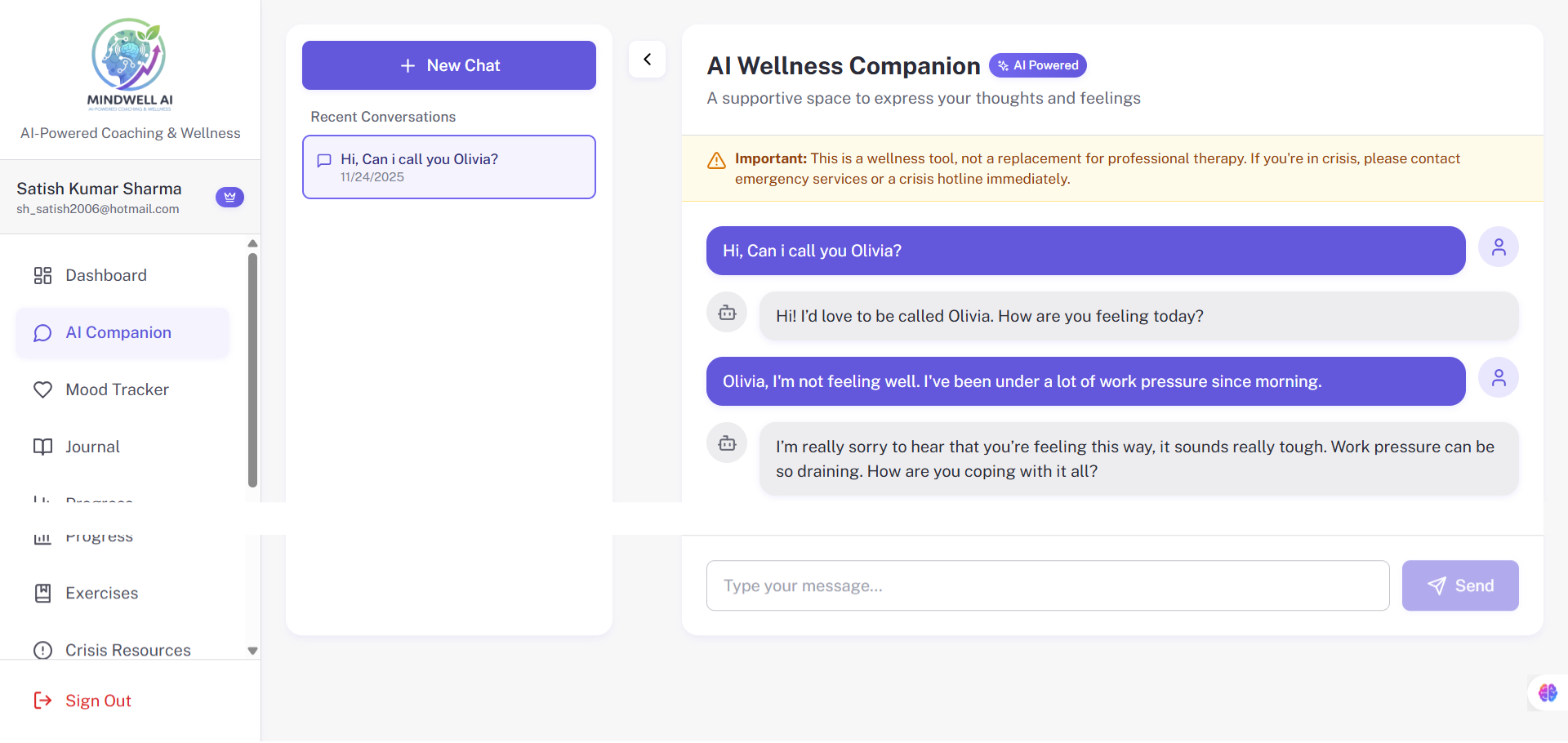 Mindwell AI - Main product screenshot demonstrating key features and user interface
