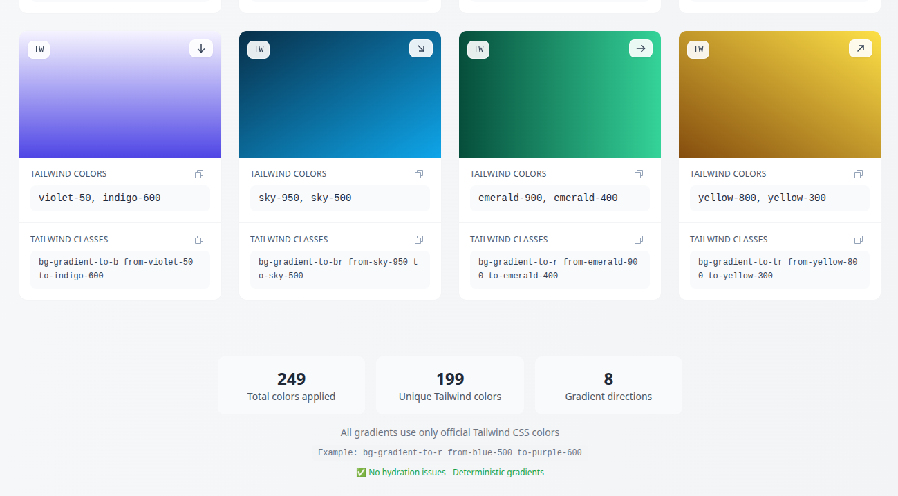Mídia 1 de Gerador de gradiente de vento de cauda - 100 cartões com cores CSS de Tailwind