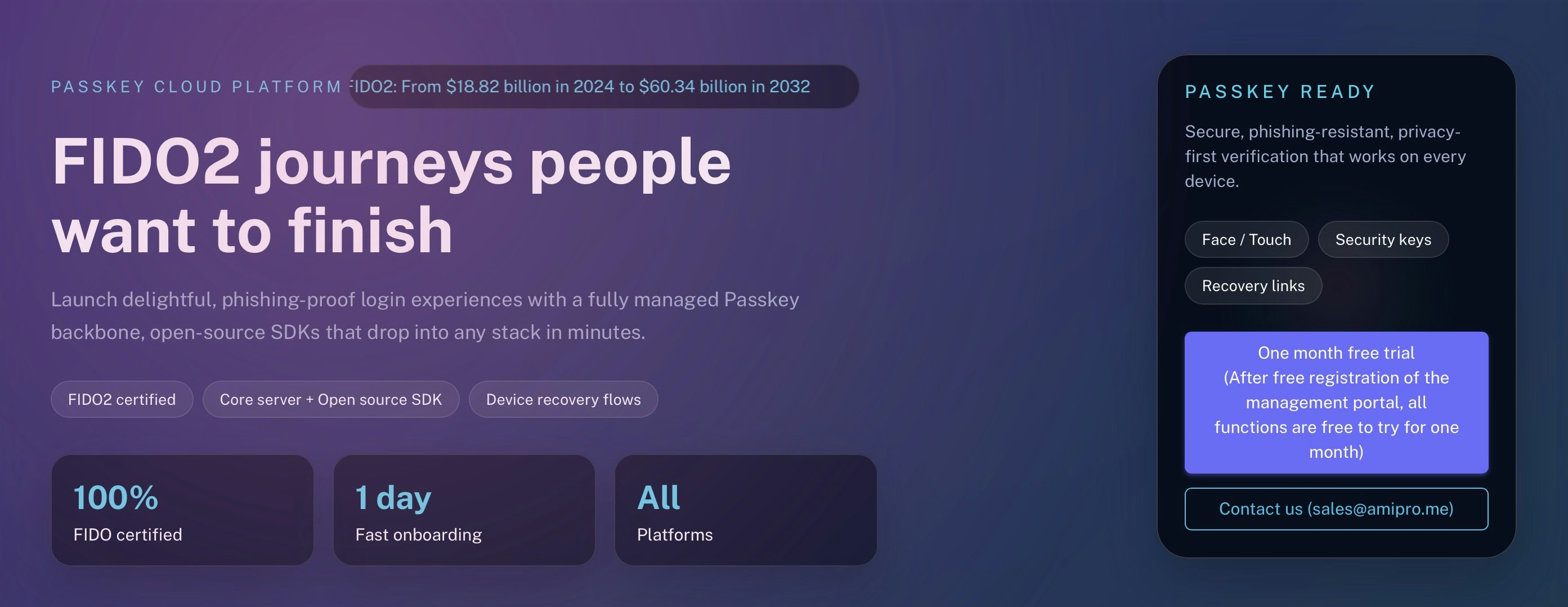 amiPro FIDO2/WebAuthN server & SDKs - Main product screenshot demonstrating key features and user interface