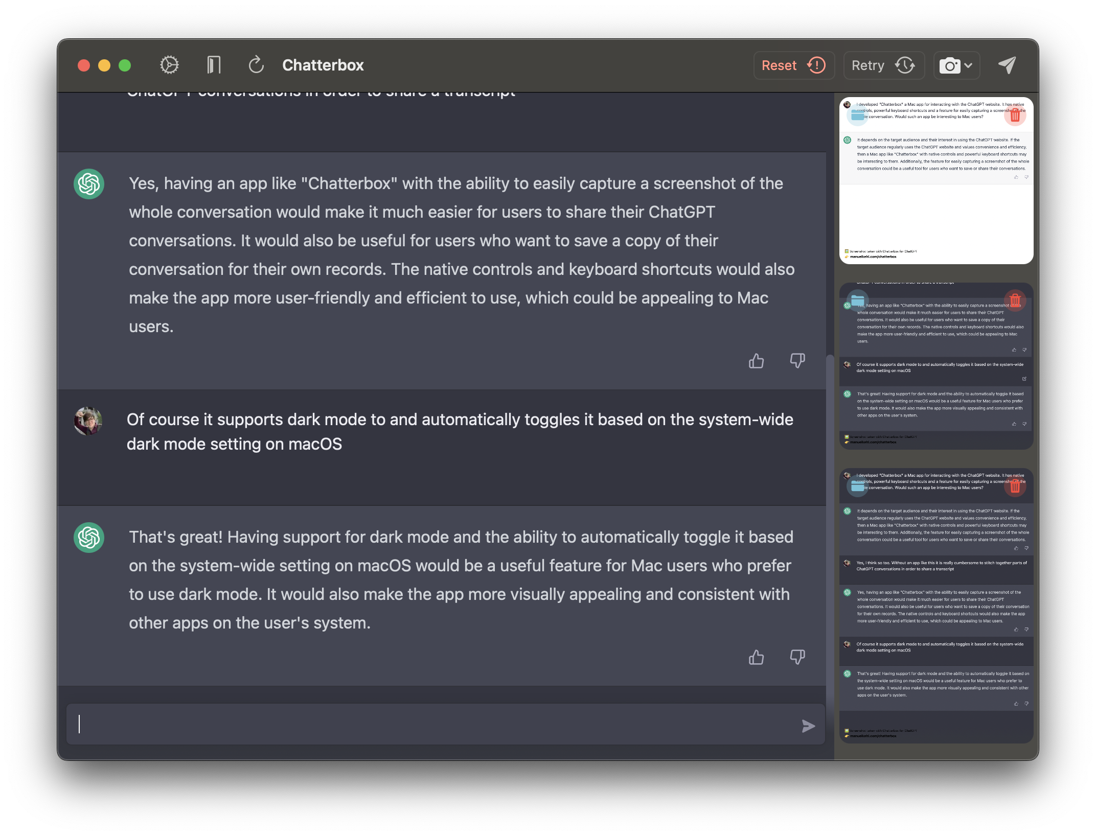 وسائط chatterbox ل chatgpt - تطبيق MacOS chatgpt الأصلي مع أدوات شاشة لقطة شاشة قوية 5