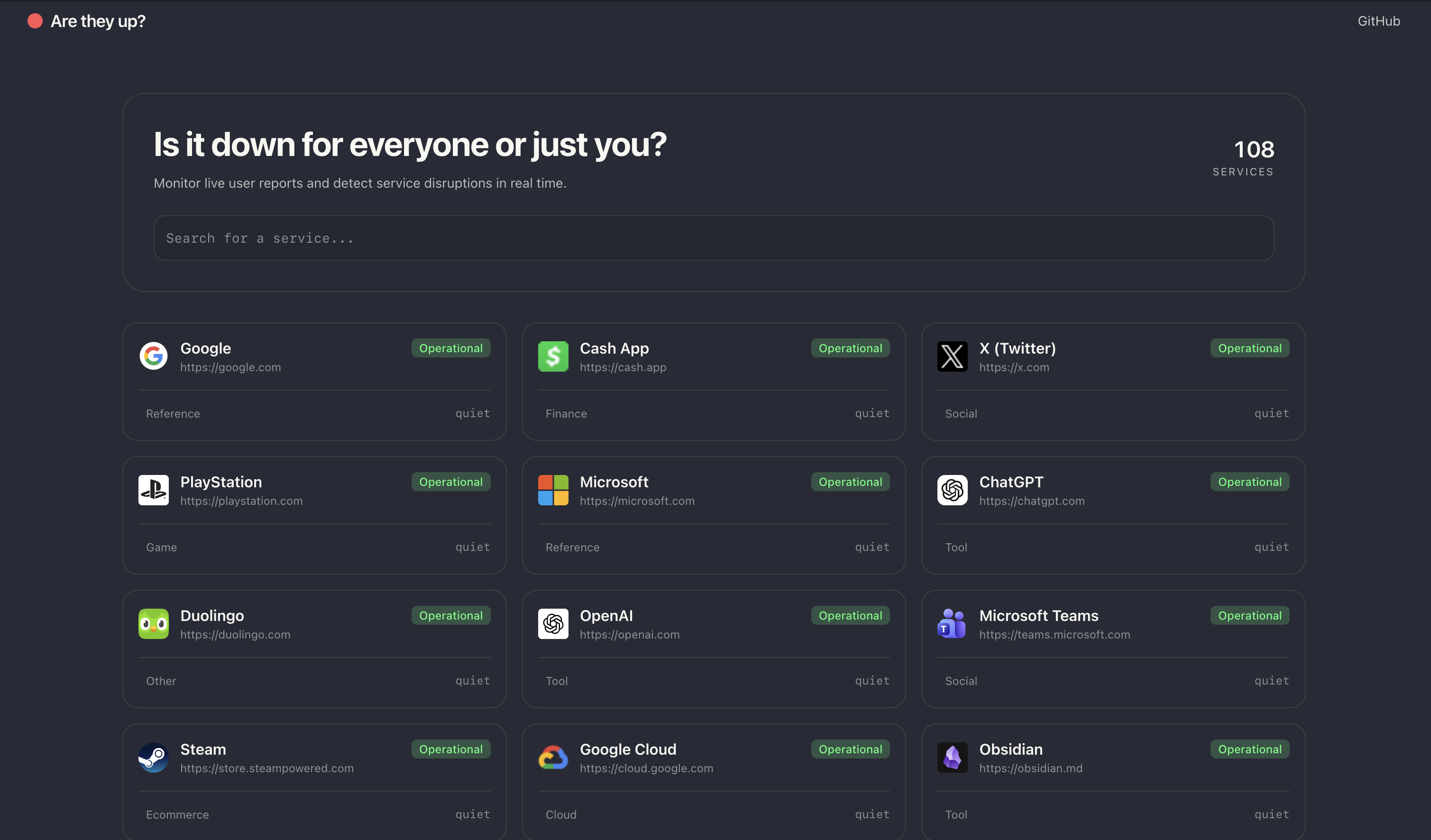 Are they up? - Main product screenshot demonstrating key features and user interface