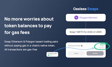 Una gráfica colorida que representa un proceso de transacción sin problemas con el texto &ldquo;Di adiós a las comisiones de gas por intercambios en Ethereum y Polygon&rdquo; - ilustrando el alivio de evitar las comisiones de gas.