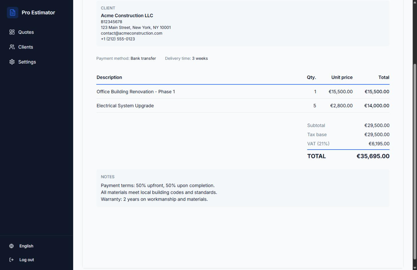 Professional Estimator - Screenshot 4 showing product features and functionality