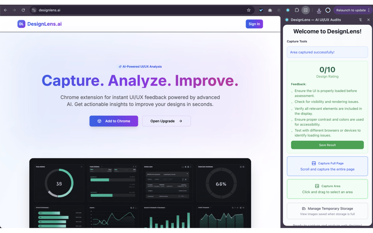 Mídia 3 de DesignLens-Avaliador de UI/UX movido a IA - Capture qualquer página da web, obtenha pontuações instantâneas de feedback e design